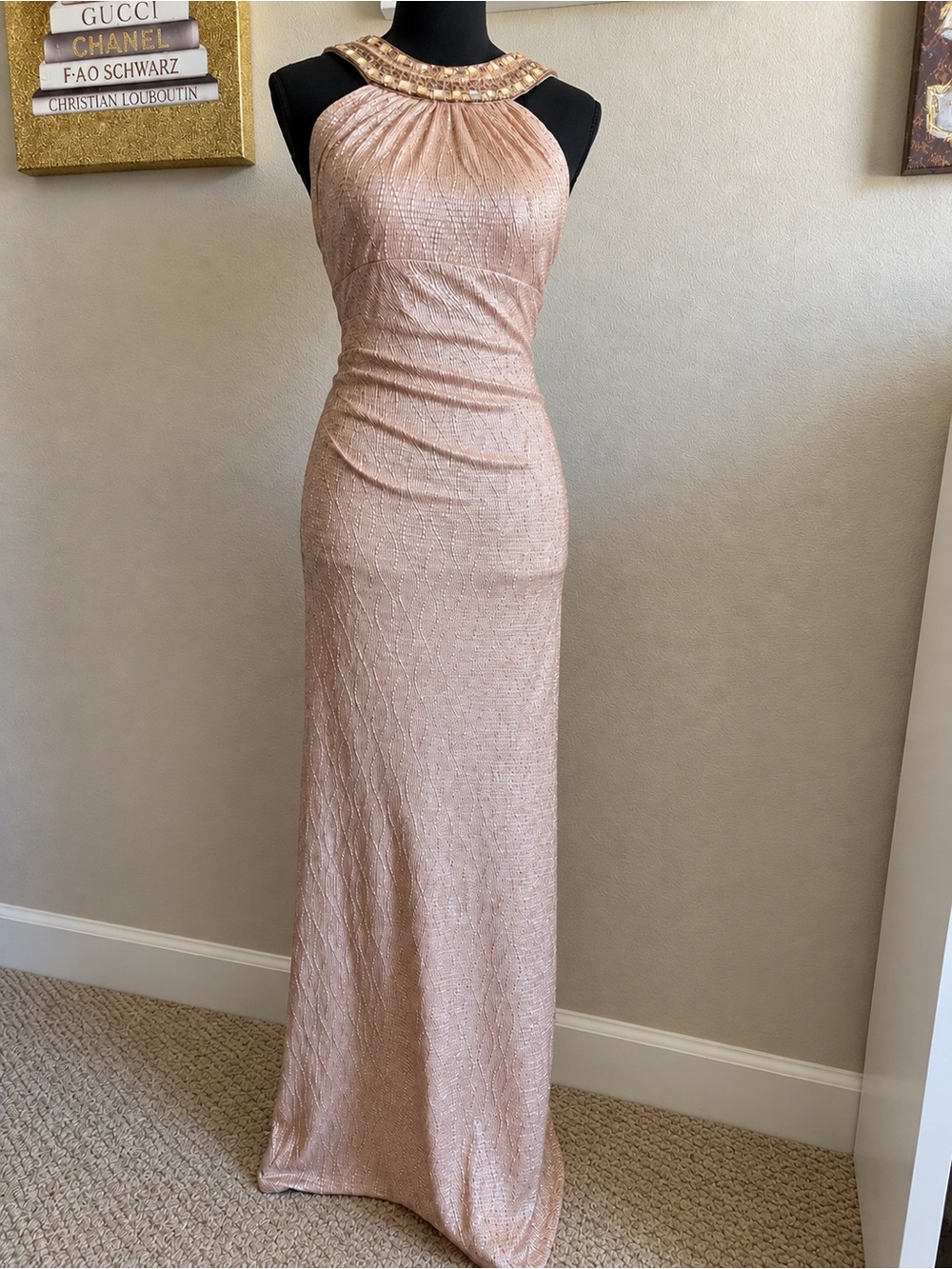 Xscape Rose Gold Metallic Beaded Halter Formal Evening Gown Dress Size 4